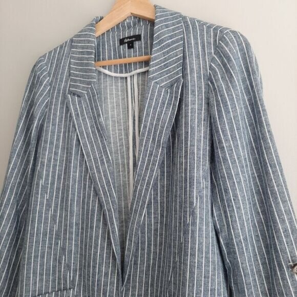 REITMANS Linen Cotton Open Front Utility Sleeve Light Blazer Jacket Blue Sz 4 - Picture 6 of 16